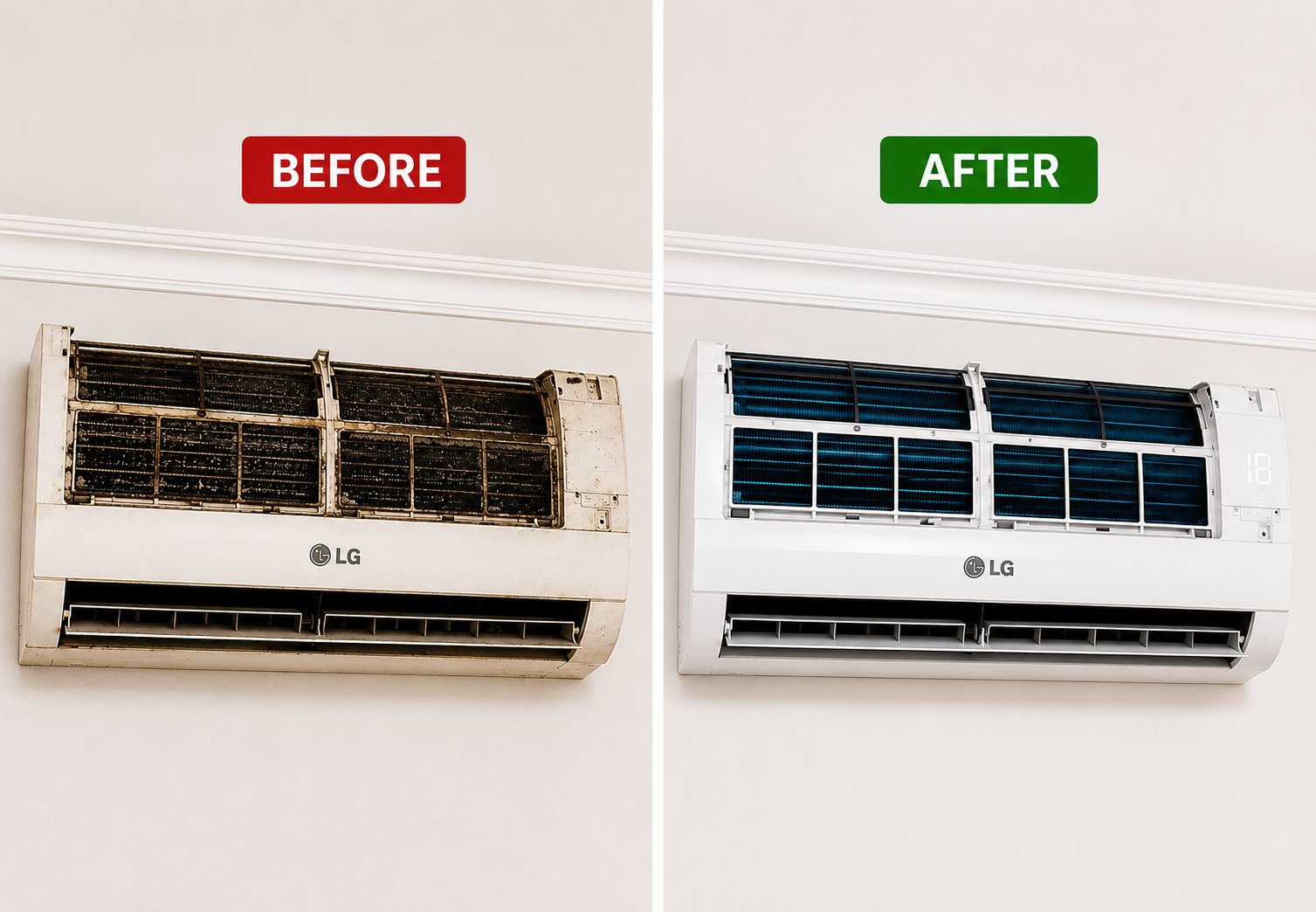 Before and after: dirty LG split AC with clogged filters and coils (left) versus restored LG split AC with clean coils and proper cooling (right)