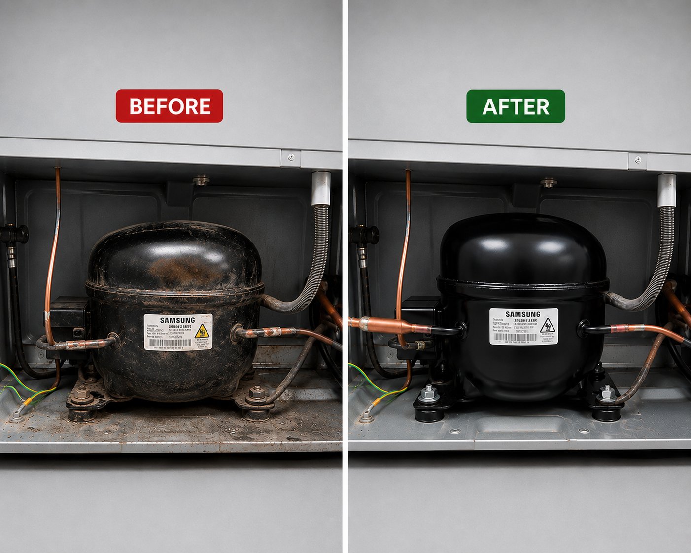 Before and after: faulty Samsung refrigerator compressor (left) versus newly installed Samsung compressor running silently (right)